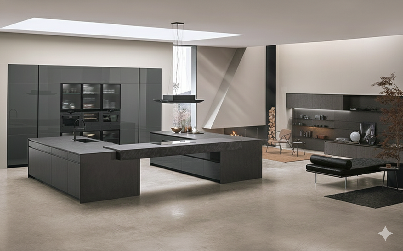 Кухня с островом с каменной столешницей