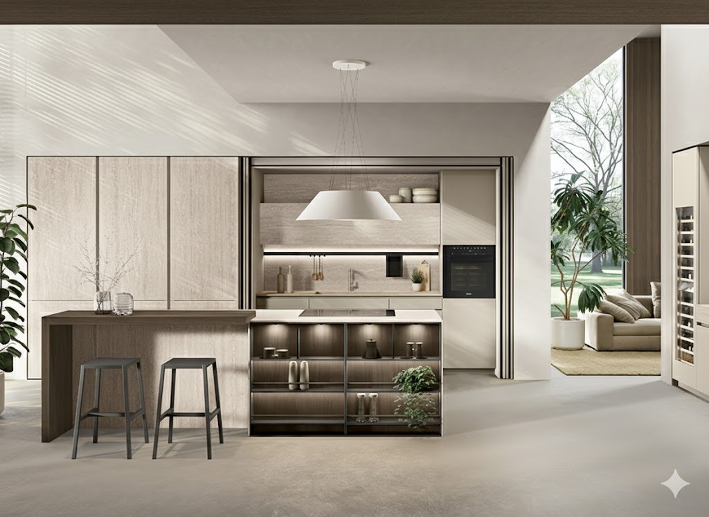 Кухня с деревянными колоннами